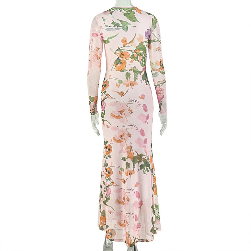 Long Sleeve Print Slim Maxi Dress GJYO JD305588