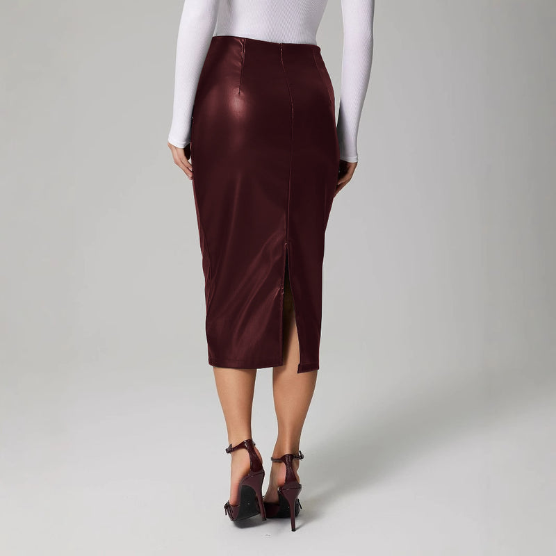 PU Leather Pleated Split Long Skirt GYXN 53717