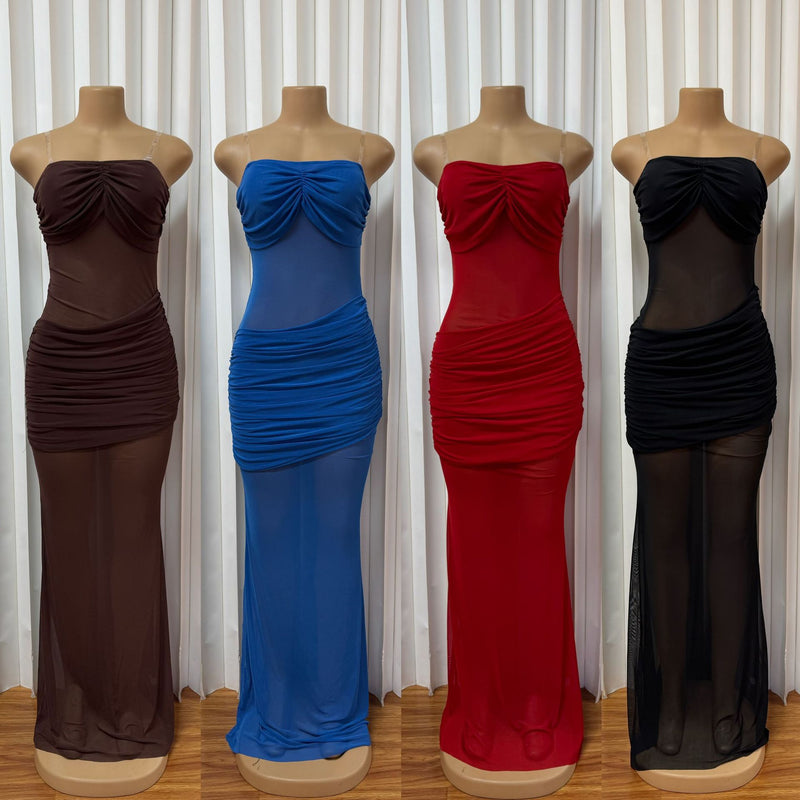 Mesh Ruched Solid Color Evening Dress GMYU 11534