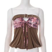 Adjustable Buckle Patchwork Drawstring Butterfly T shirt MXBF Q25TP199