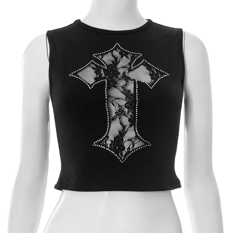 Cross Embroidered Rhinestone Pattern Tank Tops GSBD Q25TP165