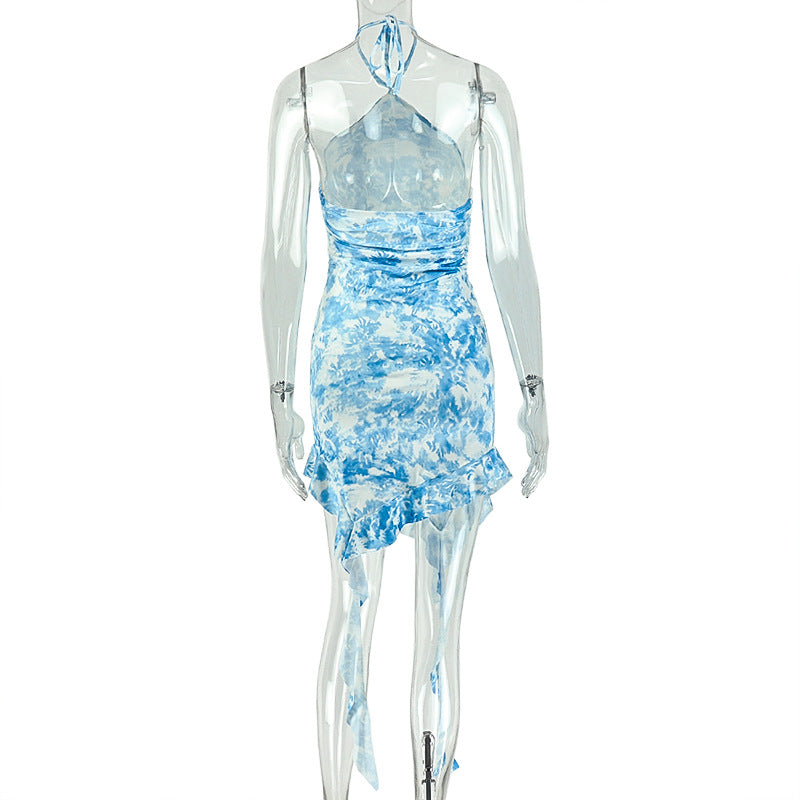 Print Halterneck Ruffles Mini Dress GJYO JD305729