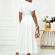 Plus Size Lapel Short Sleeve Tie Up Midi Dress GCZF 8662