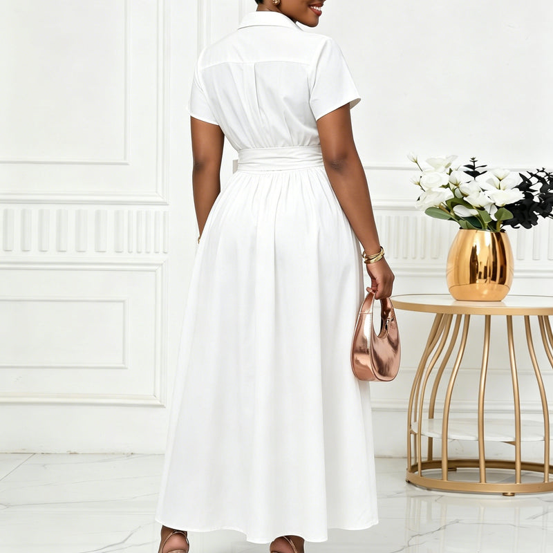 Plus Size Lapel Short Sleeve Tie Up Midi Dress GCZF 8662