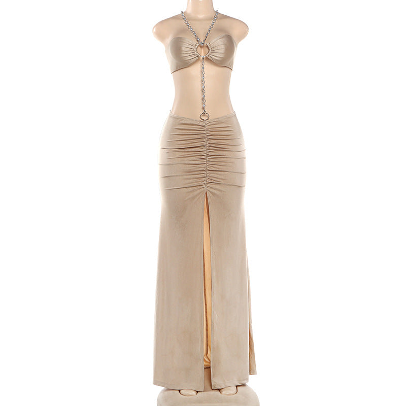 Chain Halterneck Split Maxi Dress DLSF K6D10597A
