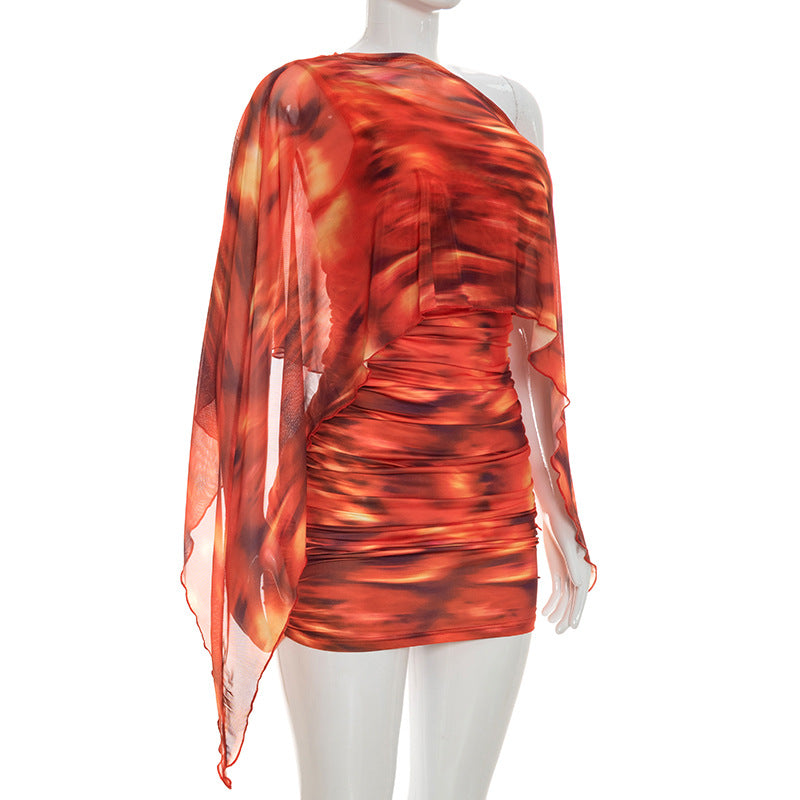 Print Slash Shoulder Ruched Mini Dress GDSF Q26DS032