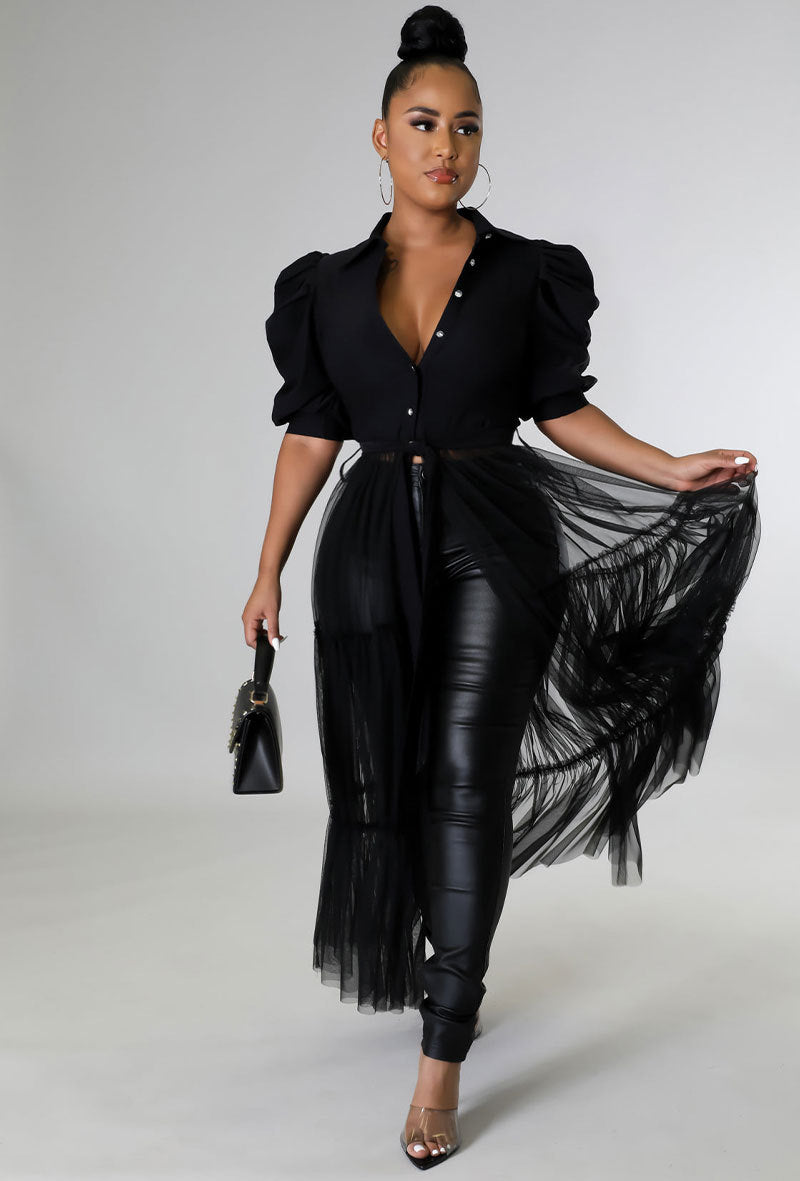 Mesh Patchwork Puff Sleeve Shirt XHXF 935
