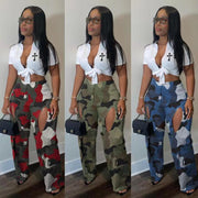 Camouflage Print Holes Cross Straight Pants OD 8600