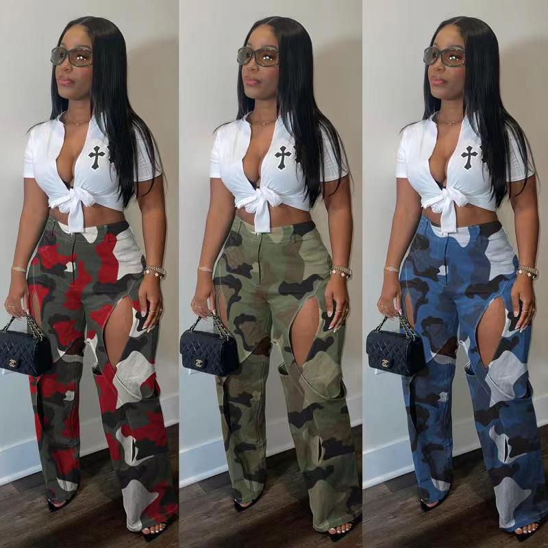 Camouflage Print Holes Cross Straight Pants OD 8600