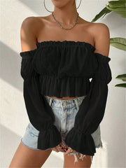 Off Shoulder Ruffles Chiffon Gathered Blouse GZYF 1012