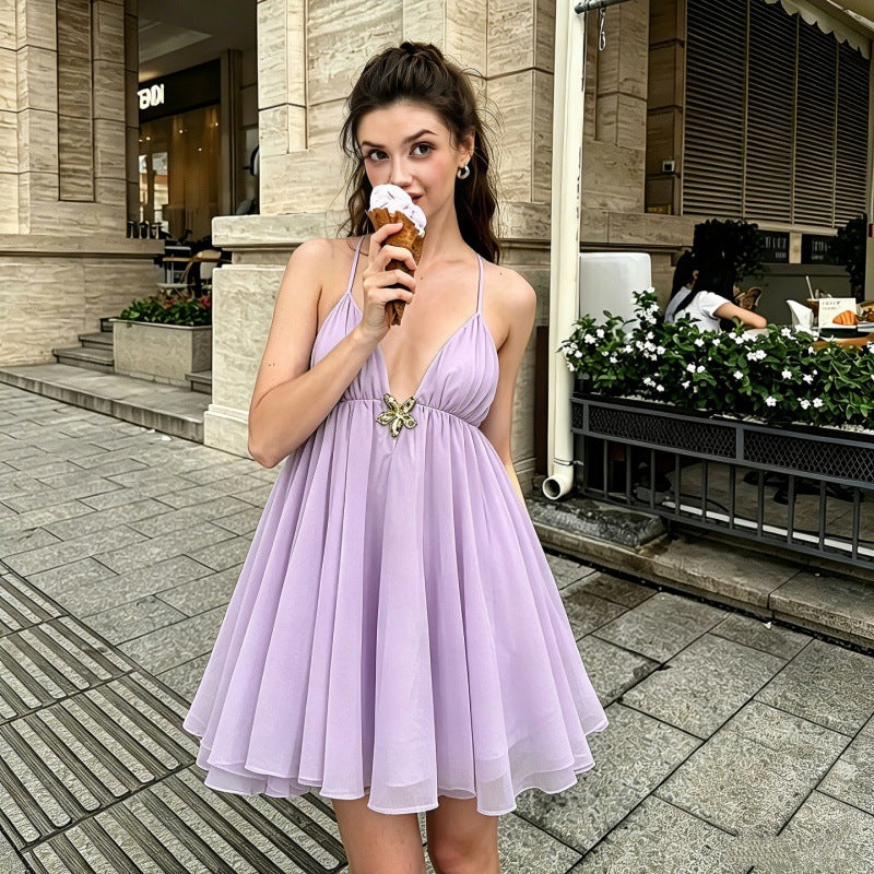 V Neck Backless Sling Mini Dress GLAG D6321390H