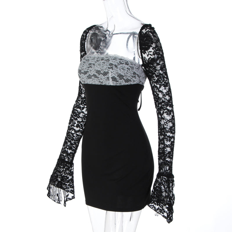 Lace Patchwork Long Sleeve Mini Dress GLAG D6121147F