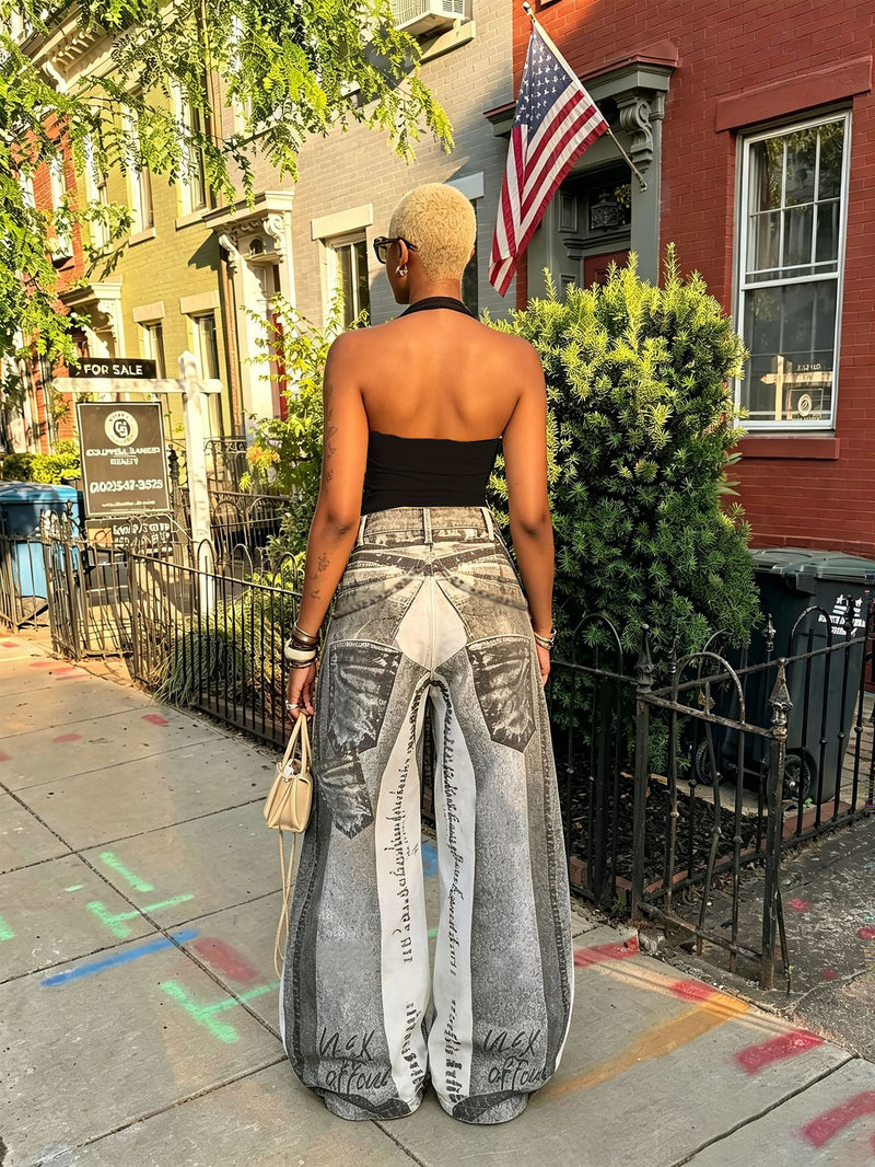 Plus Size Chain Letter Print Straight Jeans GYLN 3306