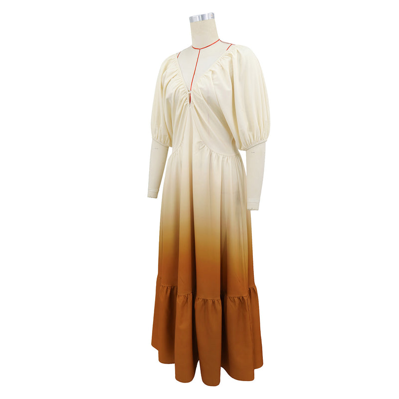 V Neck Puff Sleeve Gradient Color Maxi Dress GYLY 11265