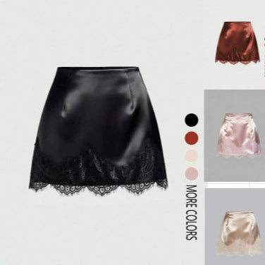 Satin Lace Edge Patchwork Mini Skirt GSRX 876