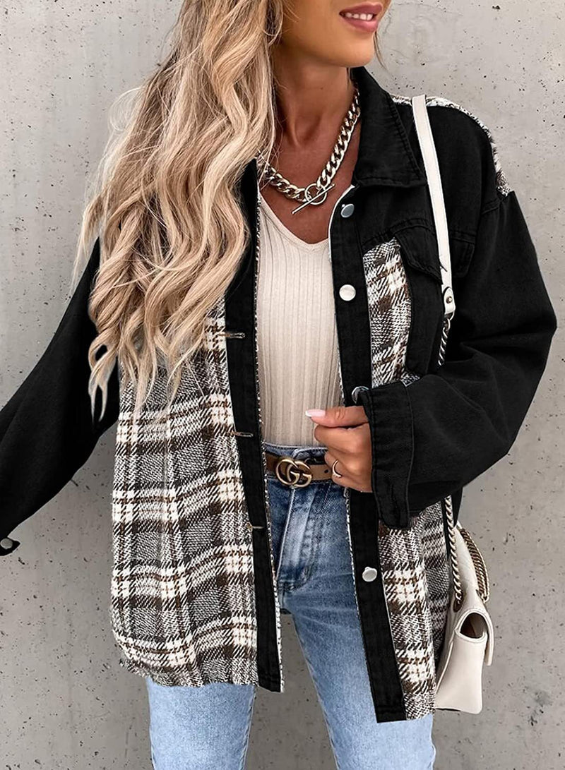 Denim Long Sleeve Plaid Shirt Jacket GOFY W220239
