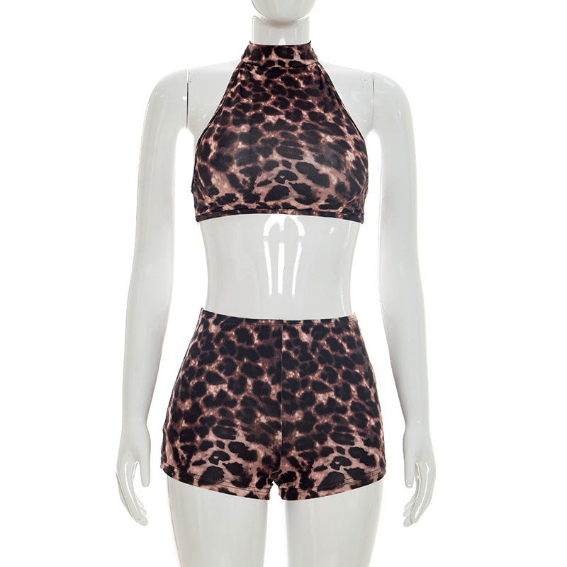 Leopard Print Tie Up Two Piece Shorts Set GDSF J26ST137