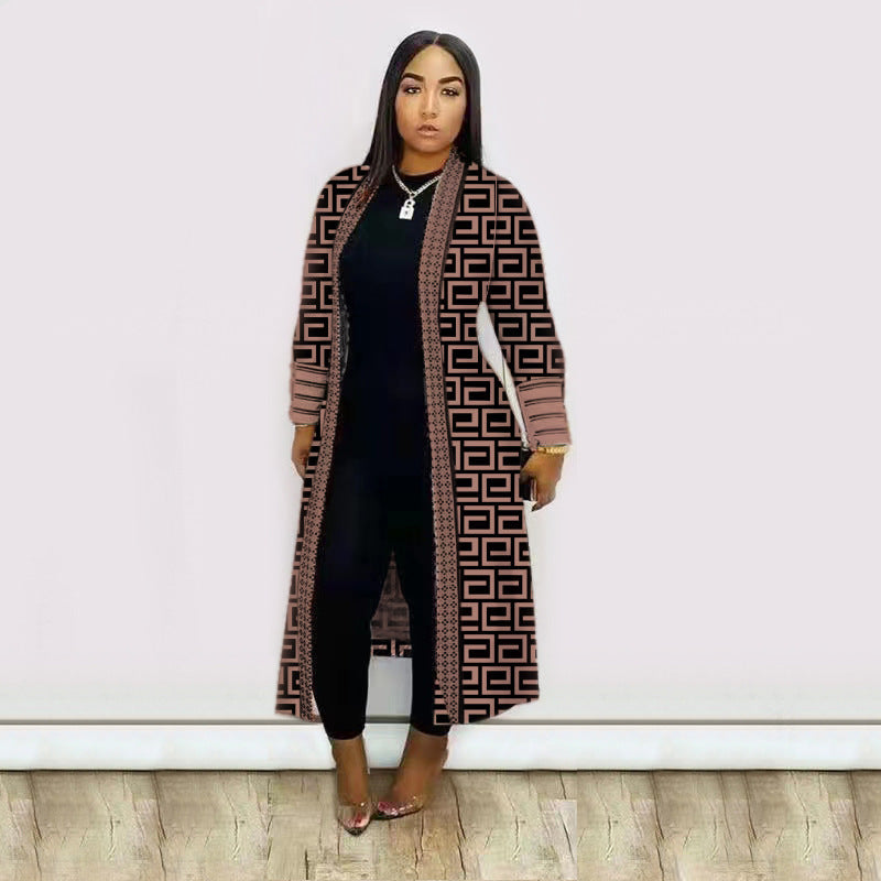 Plus Size Print Long Sleeve Knit Coat GRNH 8078