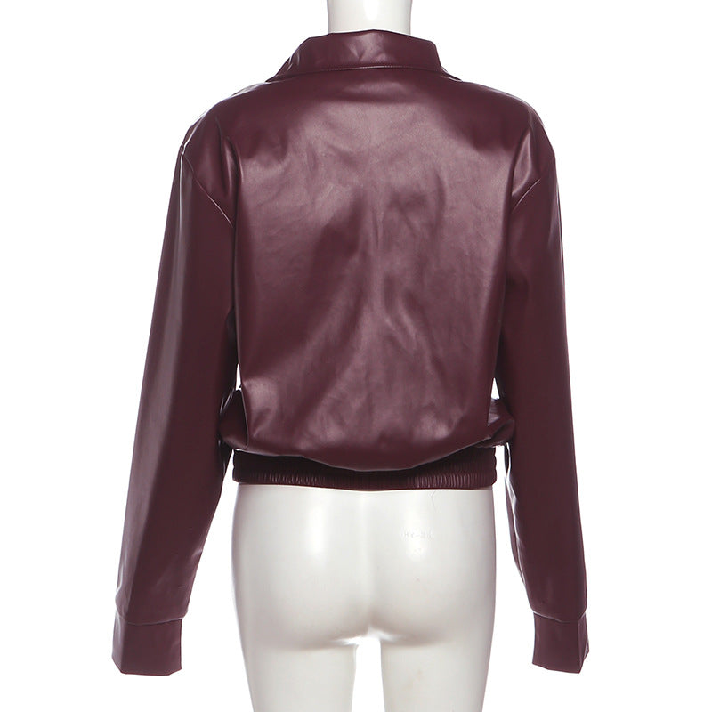 Solid Color Zipper Leather Coat XEF K25C85370