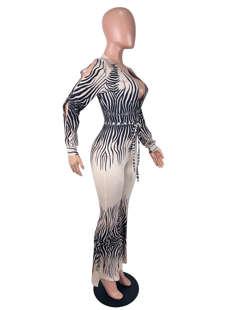Deep V Neck Print Hollow Out Jumpsuit SHD 9991