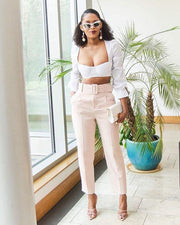 High Waist Belt Solid Suit Pants GATE P01A