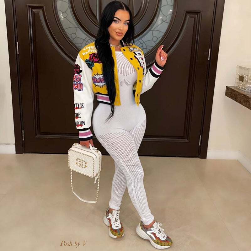 Fashion Print Long Sleeve Rib Patchwork Baseball Jacket YNSF 2618