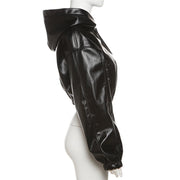 Long Sleeved Hooded Faux Leather Jacket HHMY 5613