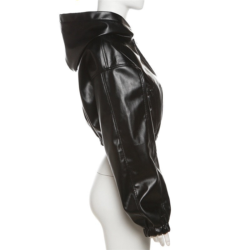 Long Sleeved Hooded Faux Leather Jacket HHMY 5613