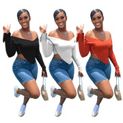 Casual Ribbed V neck Solid Long Sleeve Top GLF 08009
