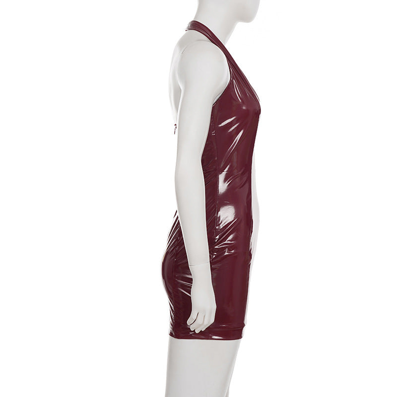 Leather Glossy V Neck Bodycon Dress GPKJ MR45060