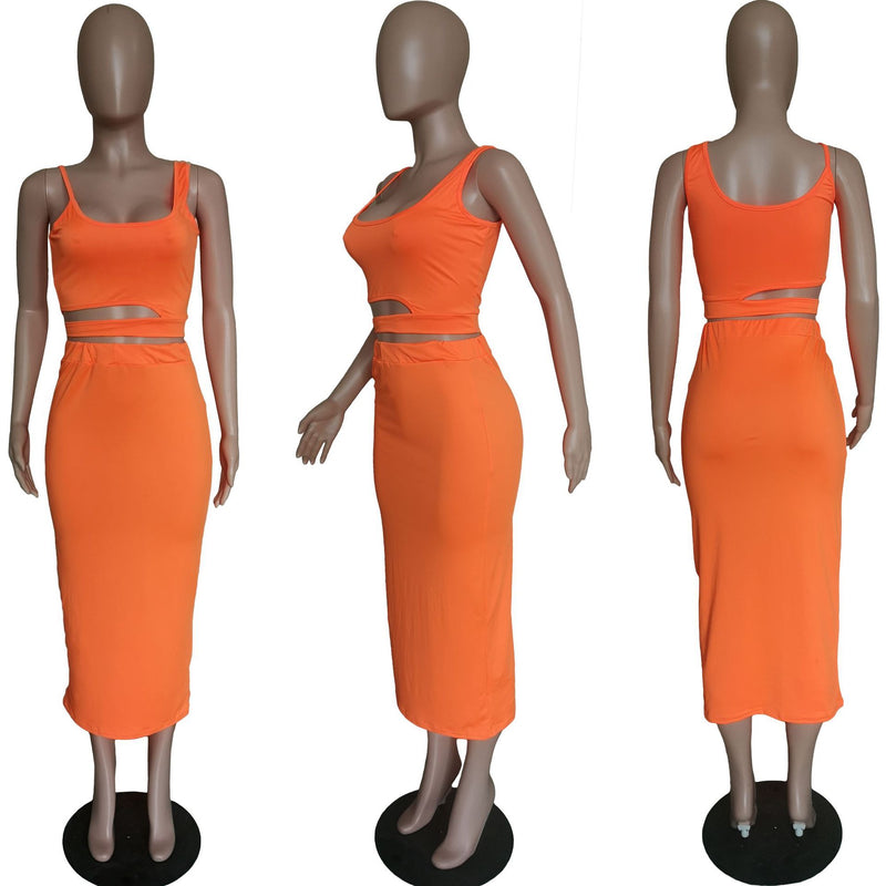 Plus Size Solid Crop Top Long Skirt 2 Piece Sets BGN 060