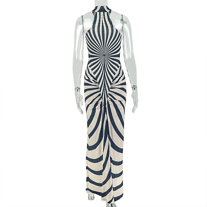 Stripe Print Sleeveless Backless Maxi Dress GJYO JD305667