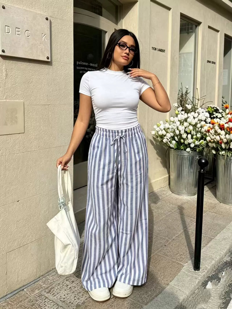 Plus Size Solid Color T Shirt Stripe Pants 2 Piece Set GADE 11411
