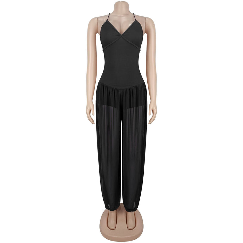 Mesh Solid Color Sling Backless Jumpsuit BY 7738