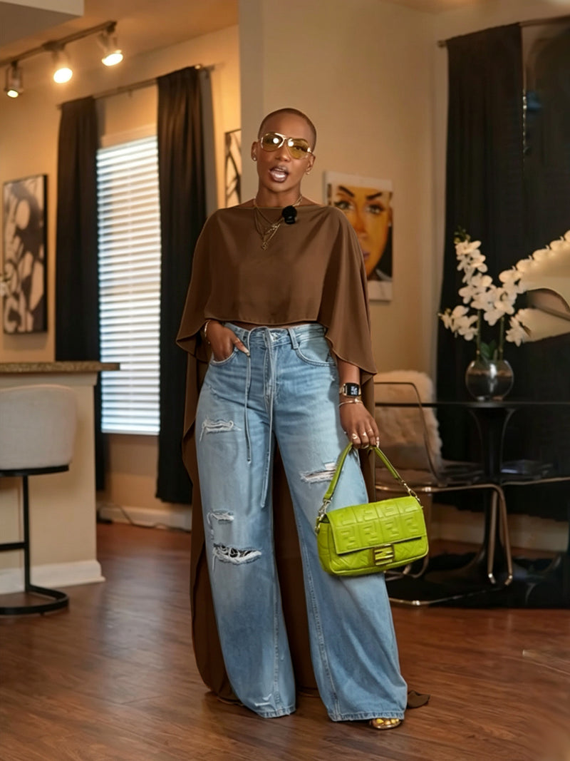 Loose Mesh Oversized Cape Bat Sleeve Crop Top SFY 896