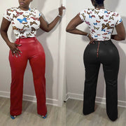 Solid Color Loose Wide Leg Leather Pants BN 313