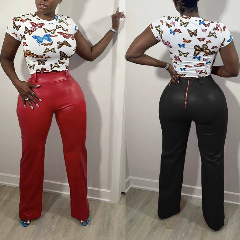 Solid Color Loose Wide Leg Leather Pants BN 313