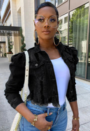 Ripped Bubble Sleeve Denim Jacket GQDH 911