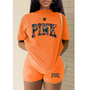 Plus Size PINK Letter Print T shirt And Shorts Two Piece Set GMZD M3111P41