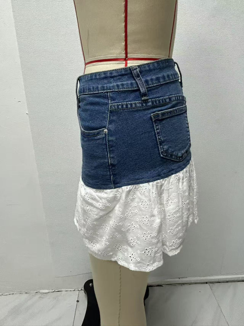 Lace Patchwork High Waist Denim Skirt GMYT 14129