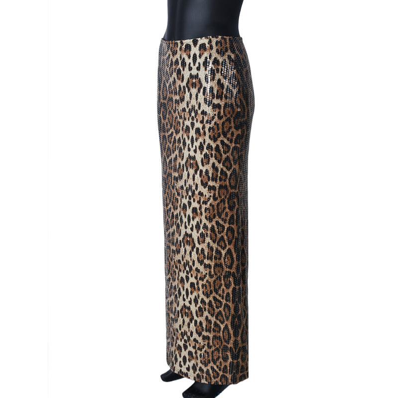 Leopard Print Sequin Patchwork Long Skirt GBTF 51515DHD