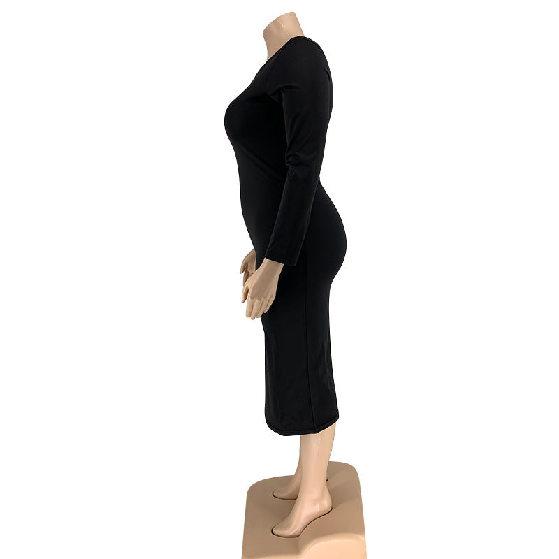 Plus Size 5XL Solid Color Long Sleeve Skinny Bodycon Midi Dress Without Belt OSIF 20972