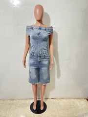 One Shoulder Sleeveless Denim Romper LX 6063