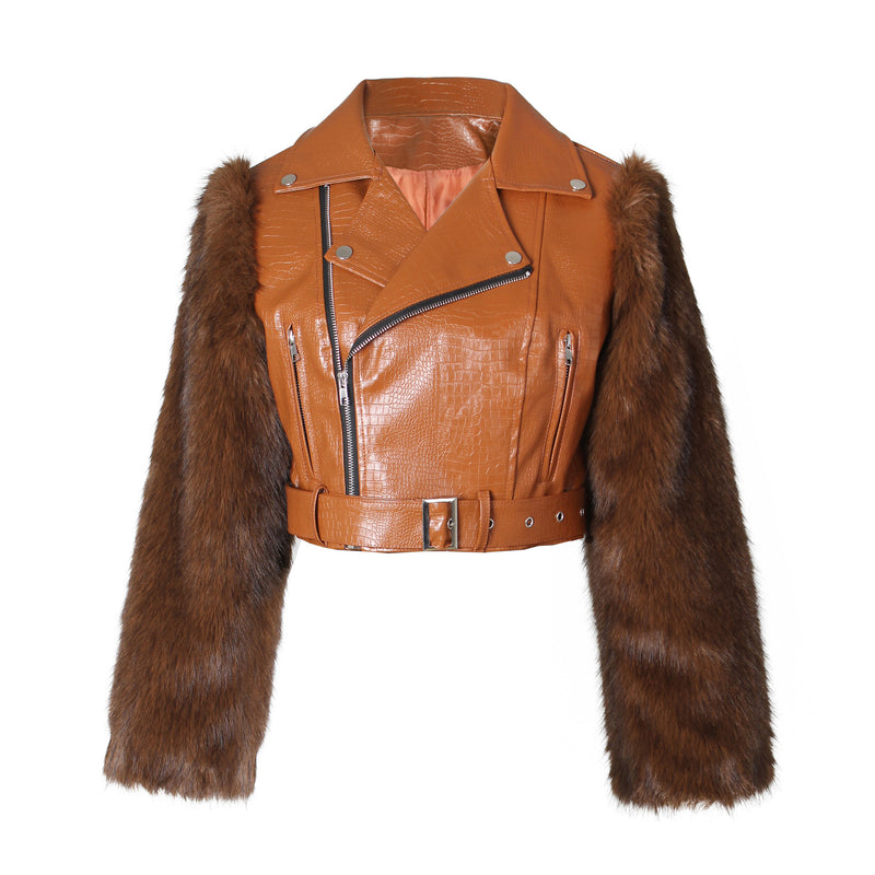 Patchwork Fur Faux Leather Short Jacket ZSD 0772