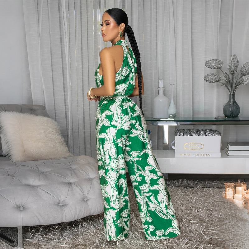 Print Sleeveless Belt Slim Jumpsuit CYA 902413