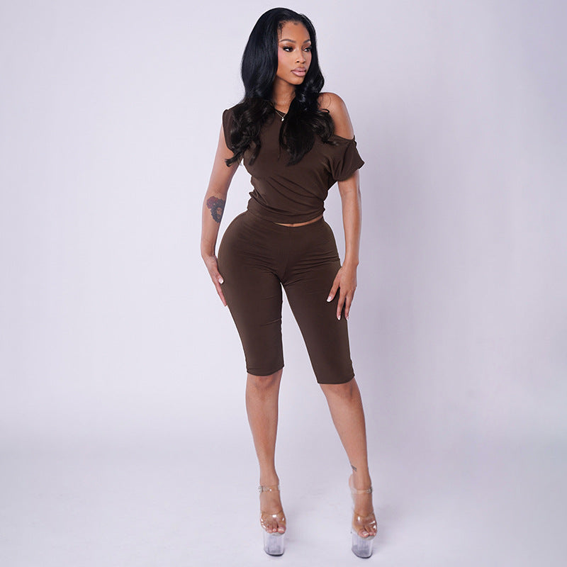Slash Shoulder Solid Top Seventh Pants Suit GDSF D26ST276