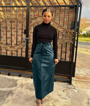 Split Half PU Leather Skirt With Belt QODY 6005