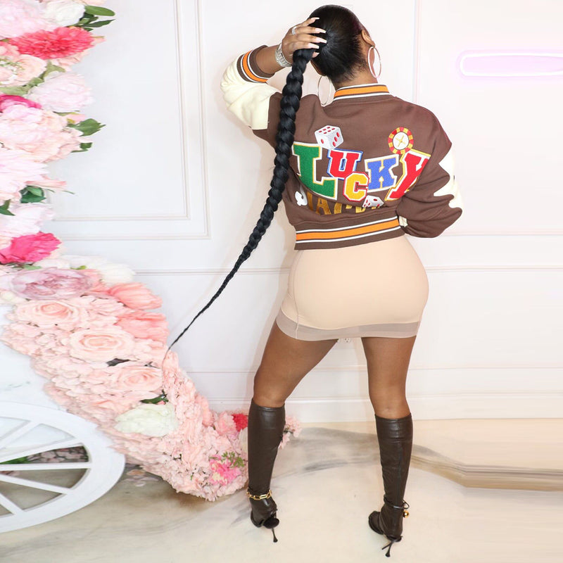 Printed Poker Patchwork Press Button Baseball Jacket YNSF 1879