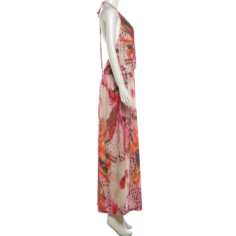 V Neck Print Backless Split Maxi Dress XEF K6D11504A