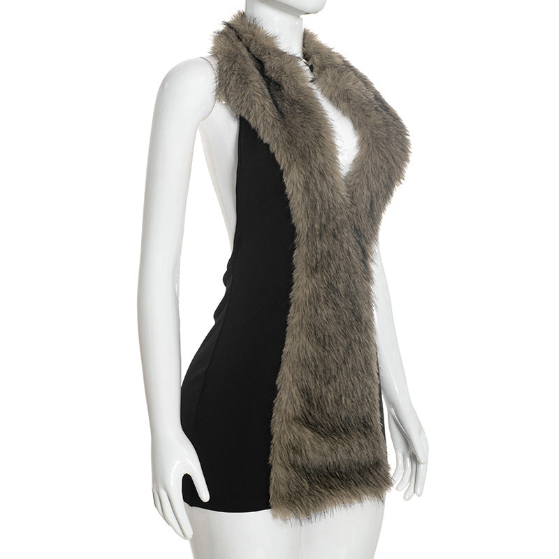 Fur Neck Backless Ruched Mini Dress GDSF C26DS281